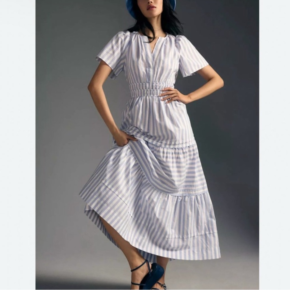 Striped Blue & White Tiered Maxi Dress - Picture 2 of 2